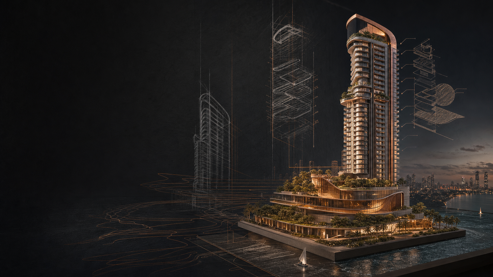 Conceptual premium Mumbai high-rise with its podium and architectural development drawings