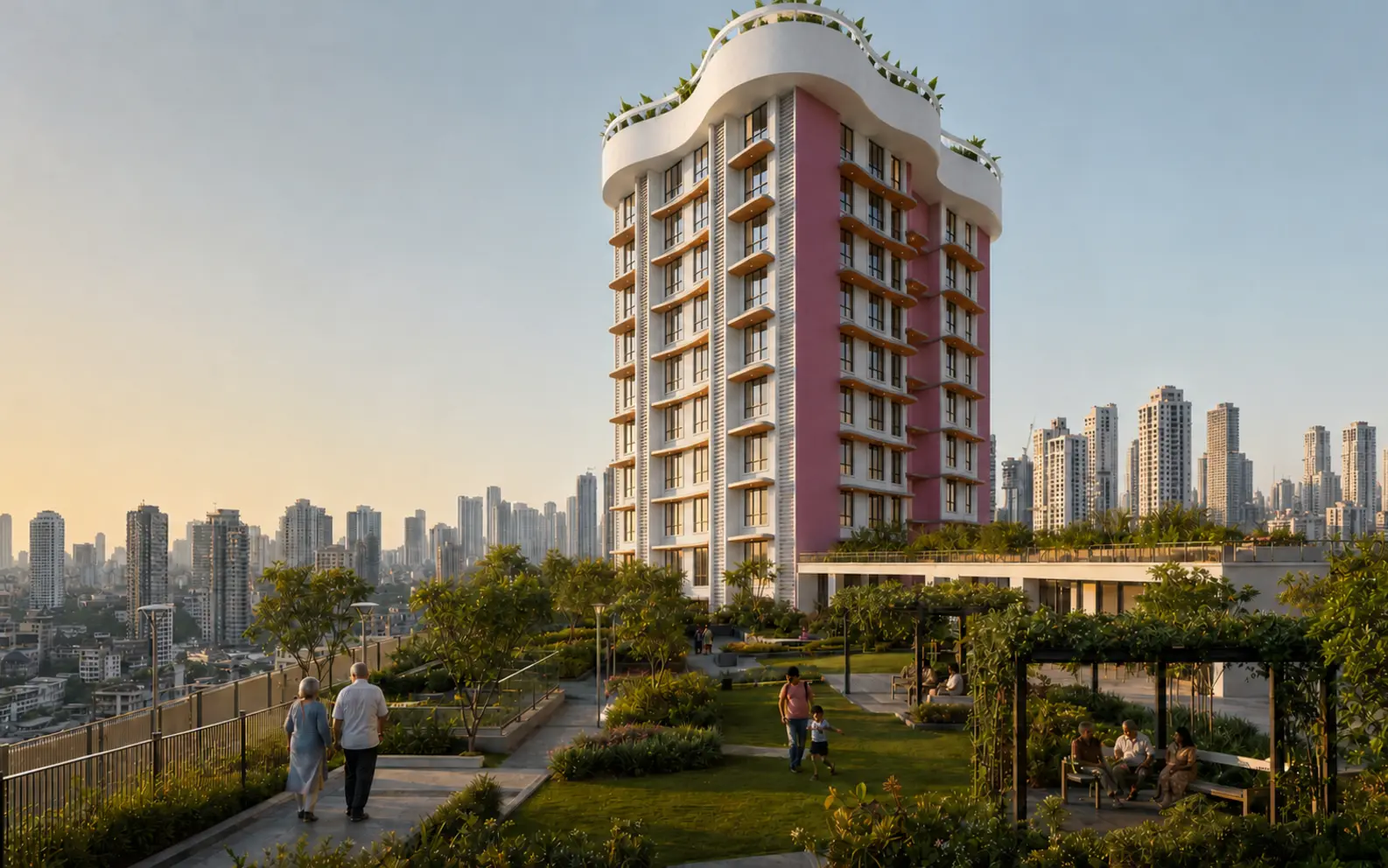 A multigenerational family spending time together on a landscaped high-rise residential terrace overlooking Mumbai