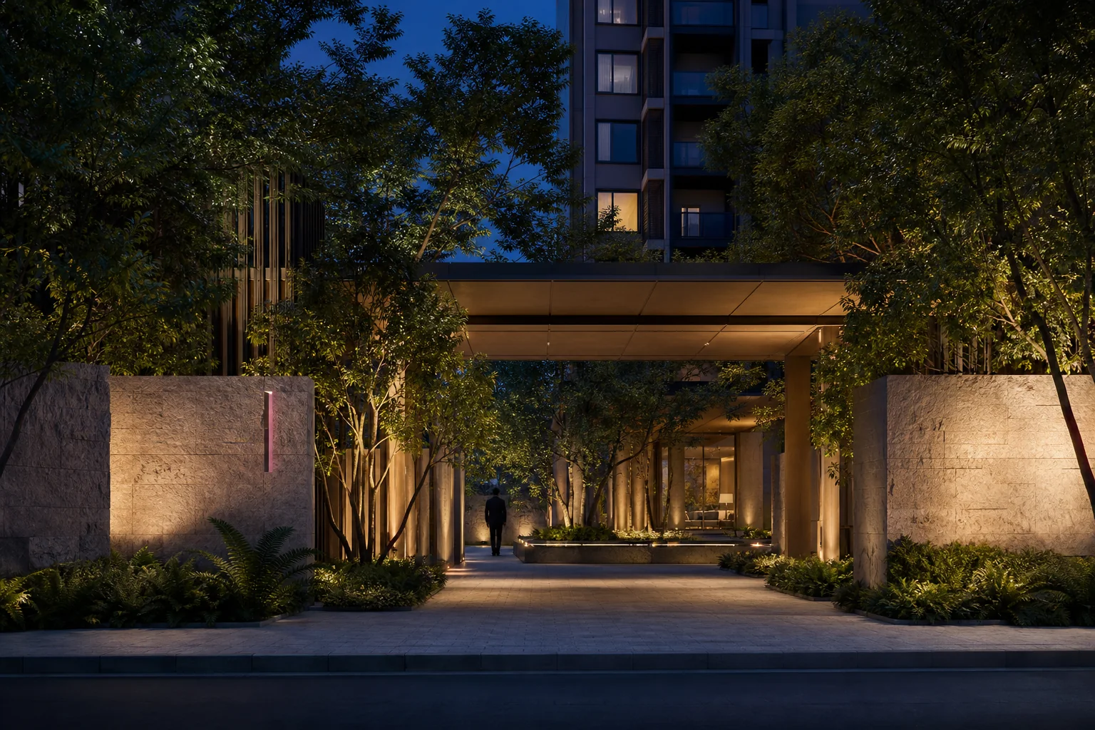 A fictional residential arrival court with layered planting and warm indirect light
