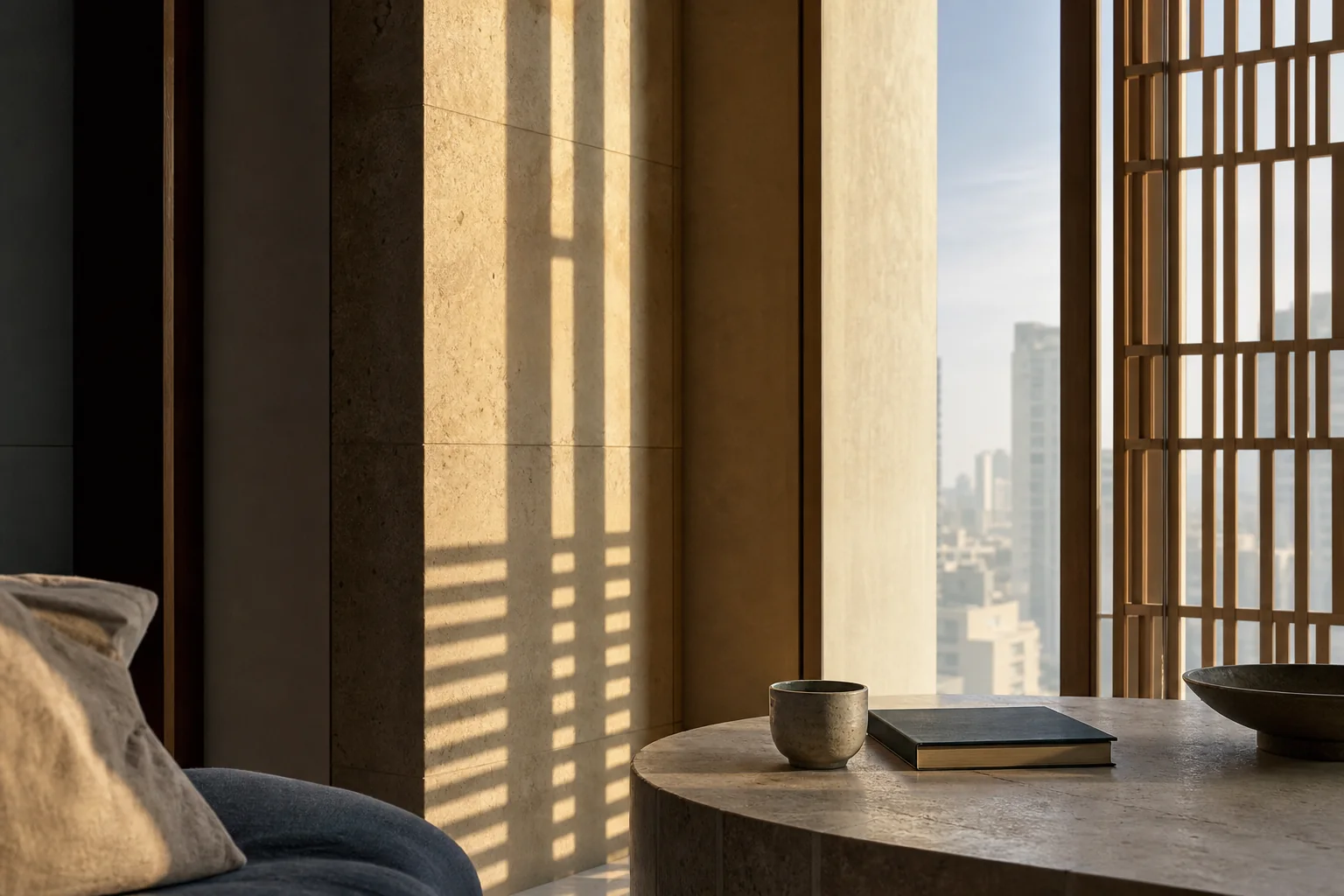 A quiet conceptual interior shaped by warm morning light and privacy screens