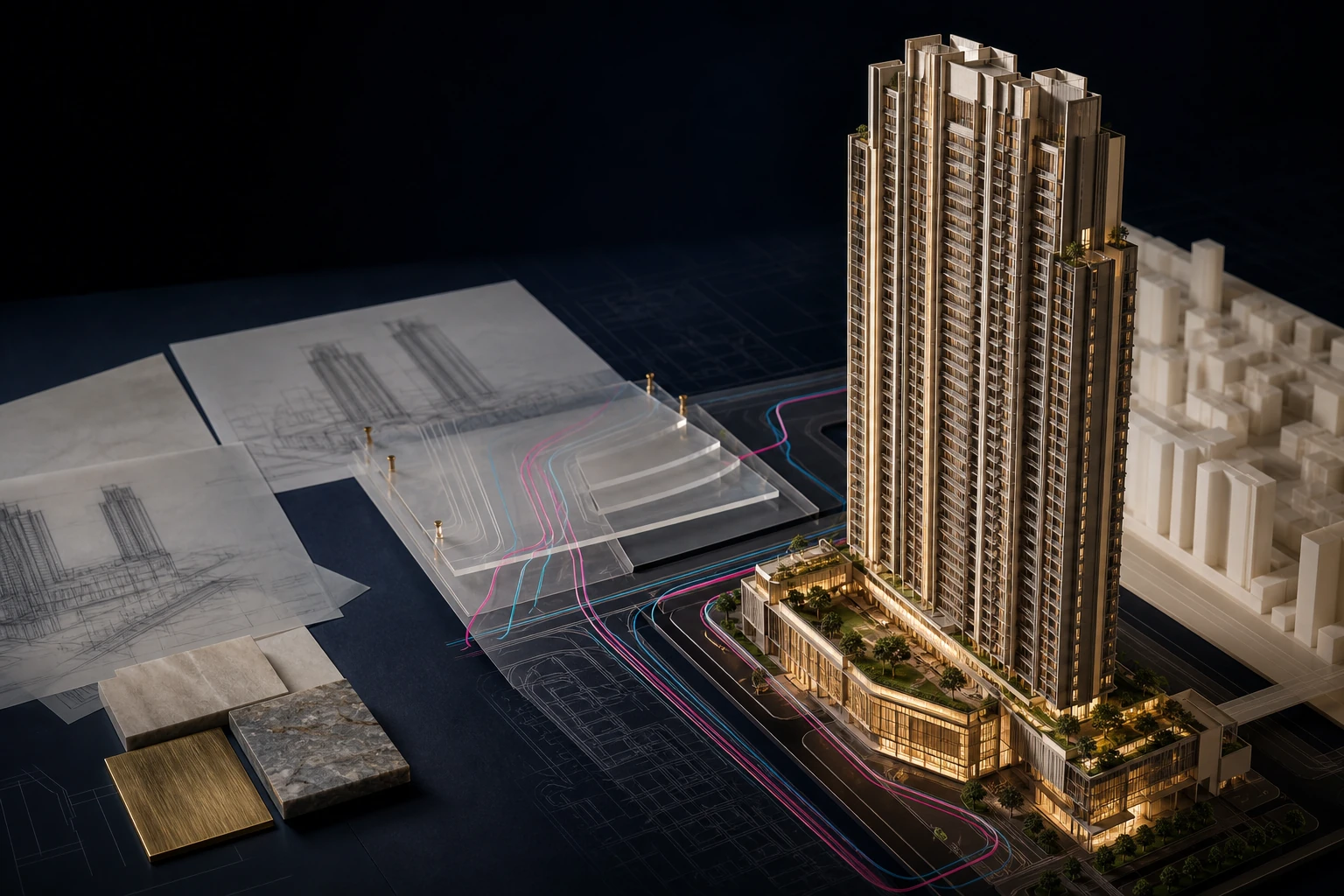 Conceptual high-rise development model studied with tower drawings, site layers and circulation lines