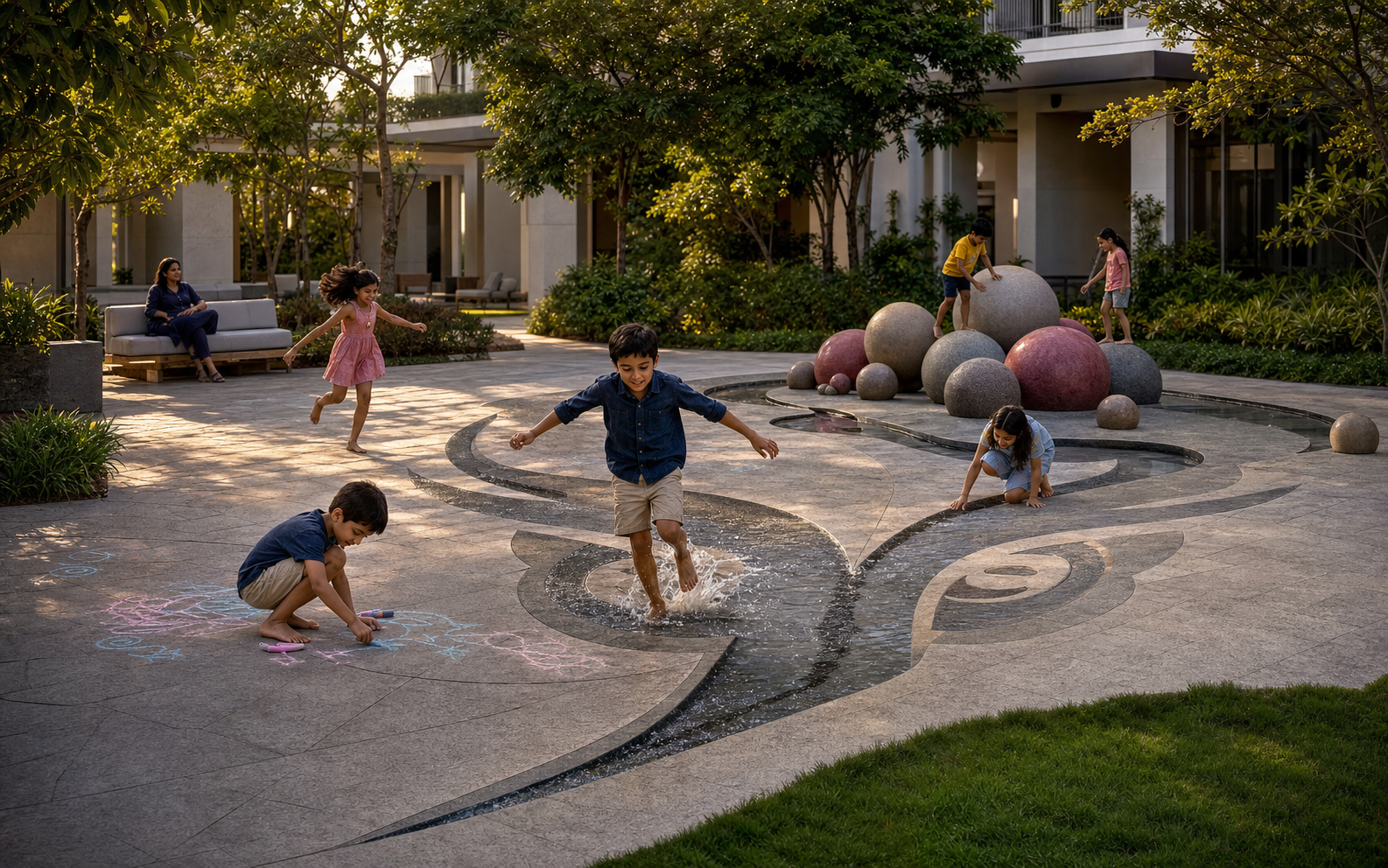 A conceptual high-rise residential courtyard where children play in a landscaped shared space