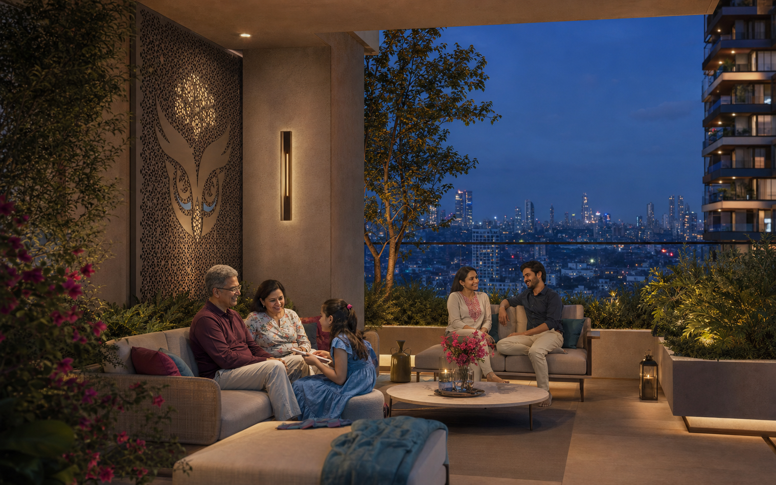A multigenerational Indian family sharing an evening on a refined residential terrace