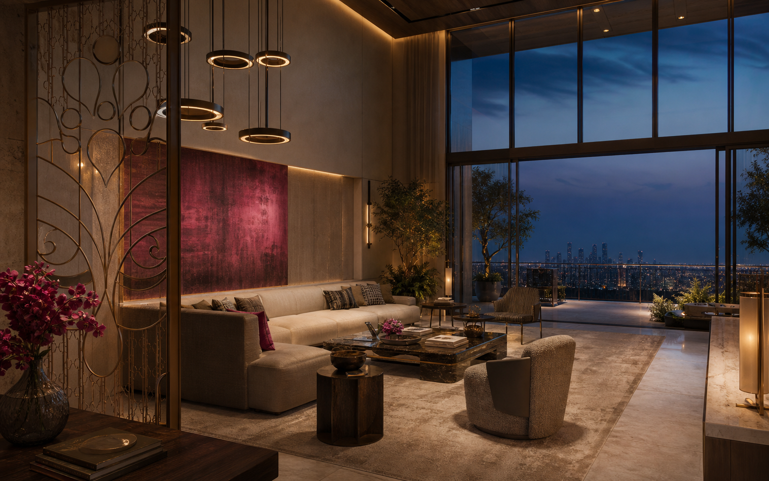 A warm, contemporary luxury apartment interior overlooking Mumbai at blue hour