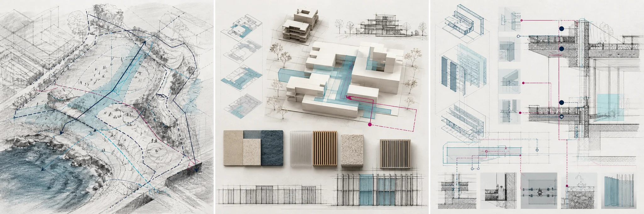 Conceptual development study combining site observation, massing, materials and architectural detailing