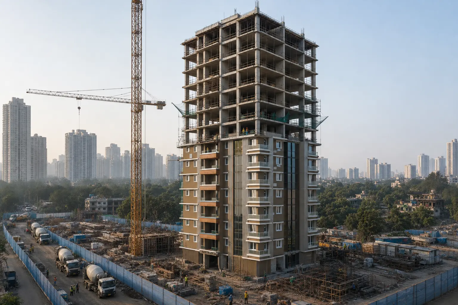 Credible high-rise construction sequence with tower structure, crane, podium logistics and facade progression