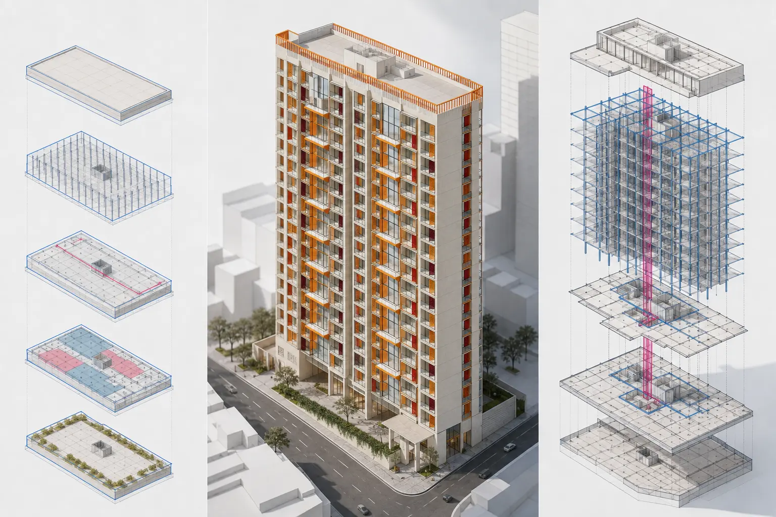 Complete conceptual high-rise development study showing the tower, podium, surrounding urban context and all architectural and structural development steps