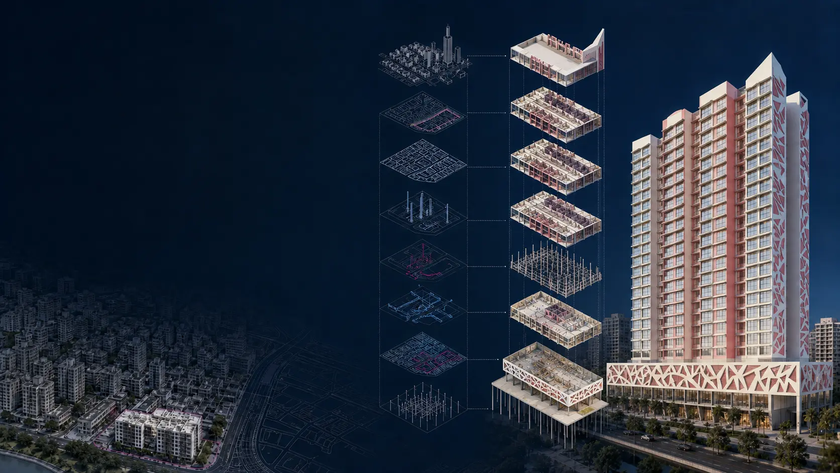 Exploded Mumbai high-rise redevelopment layers converging into a tower and podium