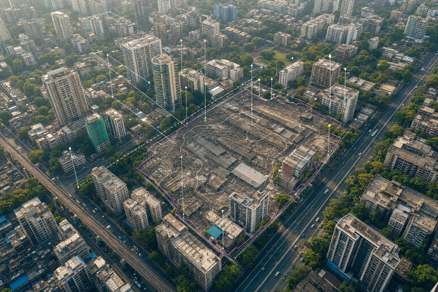 Dense Mumbai urban-development context showing the site boundary, road network, surrounding buildings and restrained analytical layers