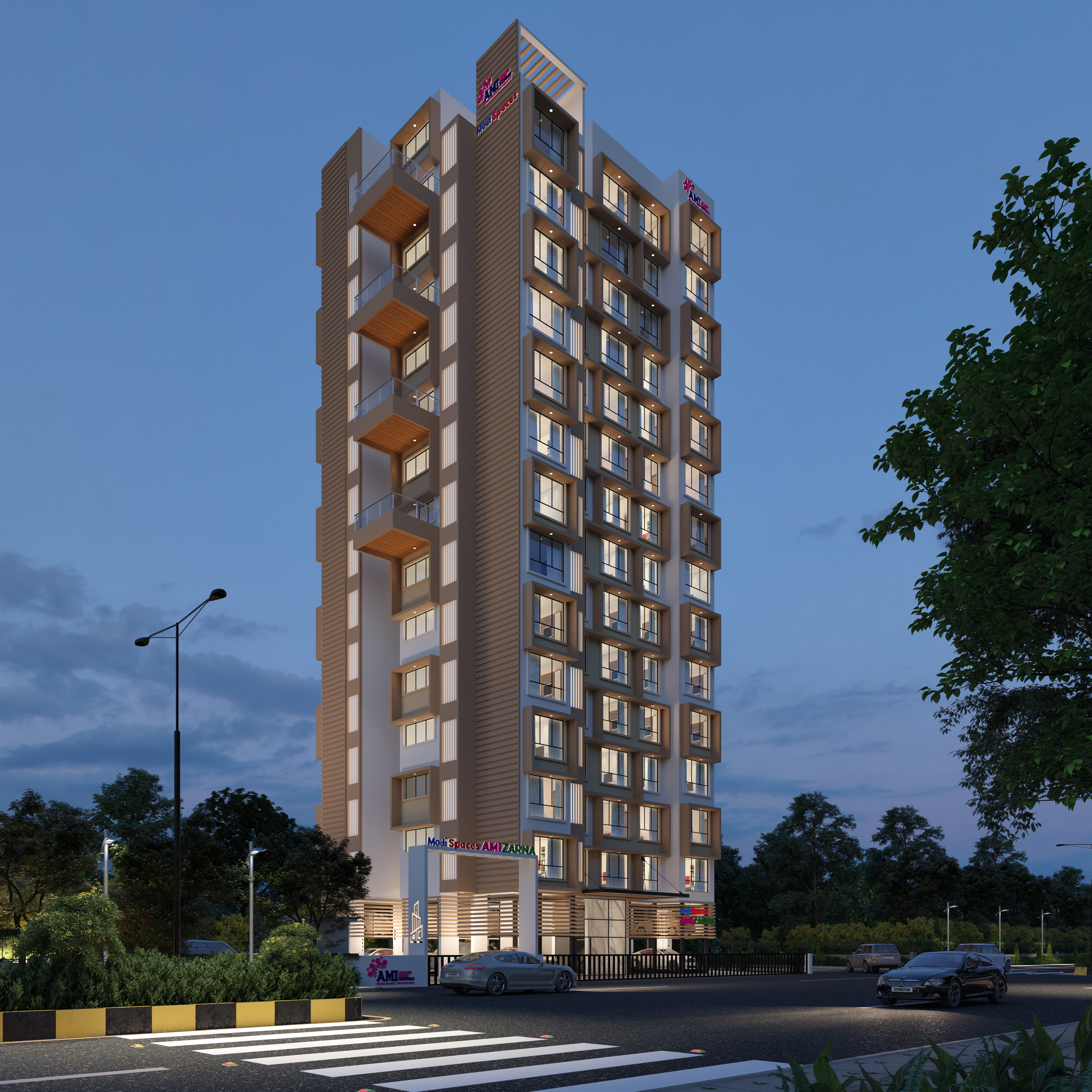 Full-building night elevation for AMI ModiSpaces Amizarna, viewed from the street.
