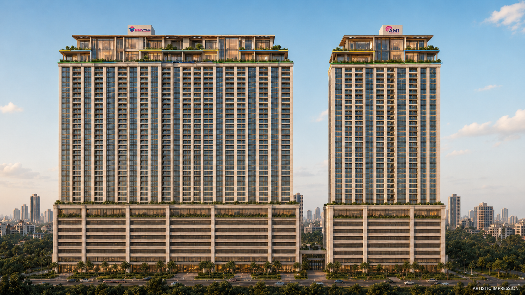 Artistic impression of the proposed AMI Shree Govind Nagar development with AMI and Wiseowlzz building signage.