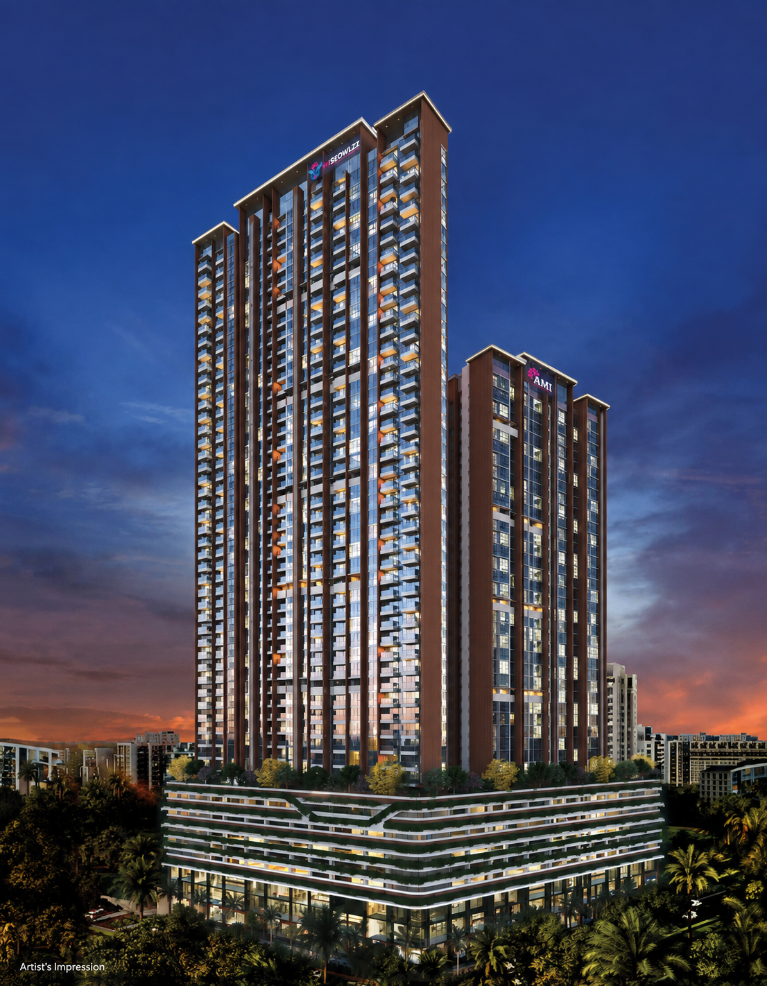 Artistic impression of the AMI Stardom elevation with AMI and Wiseowlzz building signage.