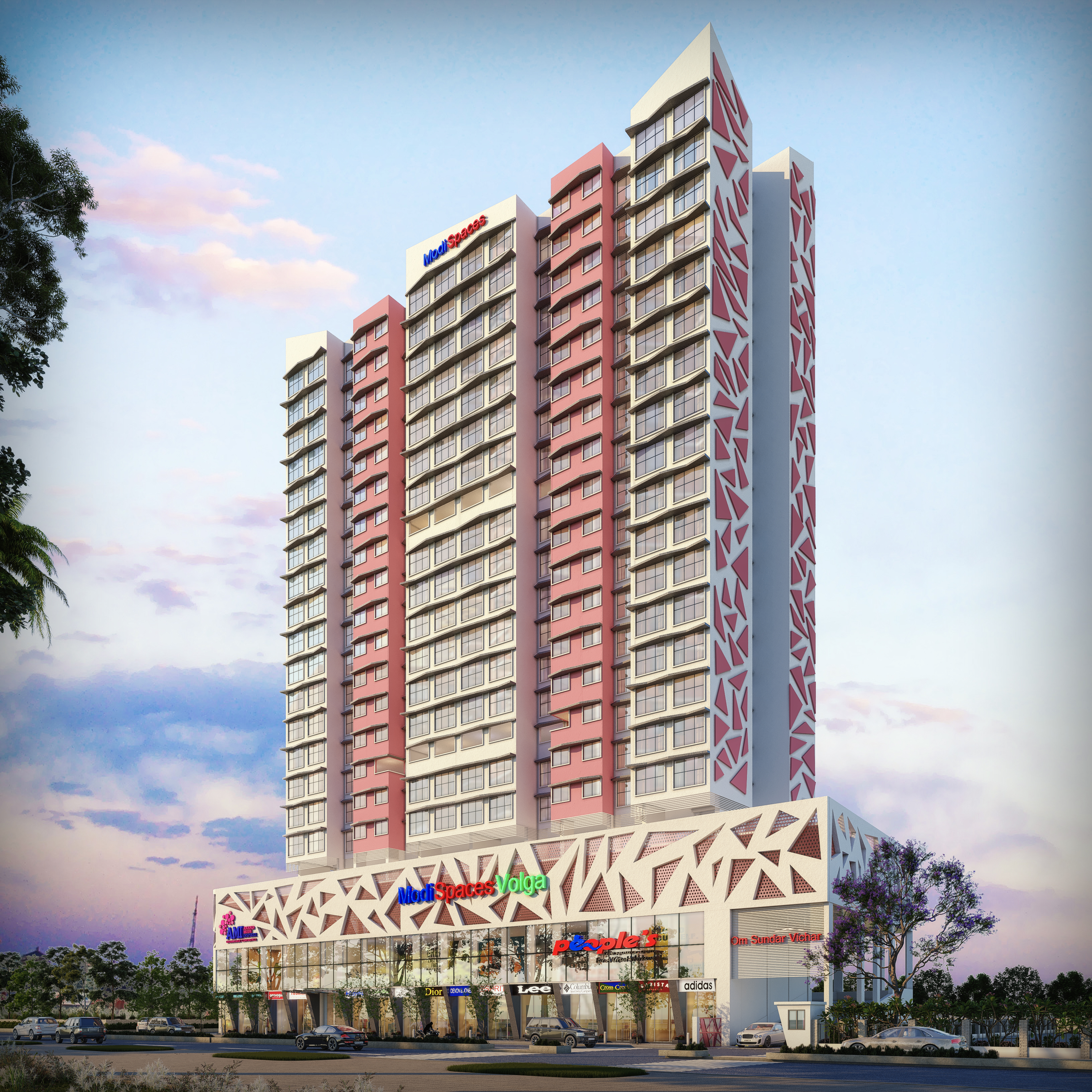 Full-building proposed architectural elevation for AMI ModiSpaces Volga.
