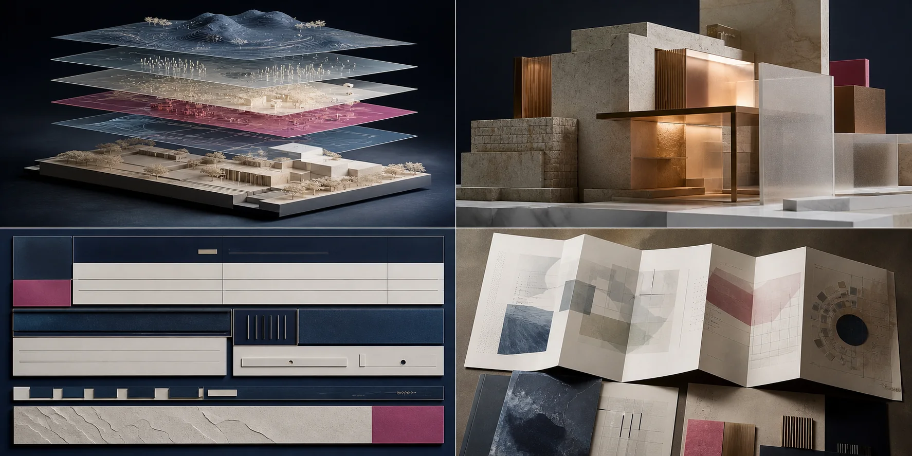 Conceptual framework study showing layered site intelligence, architectural form, materials and delivery documentation