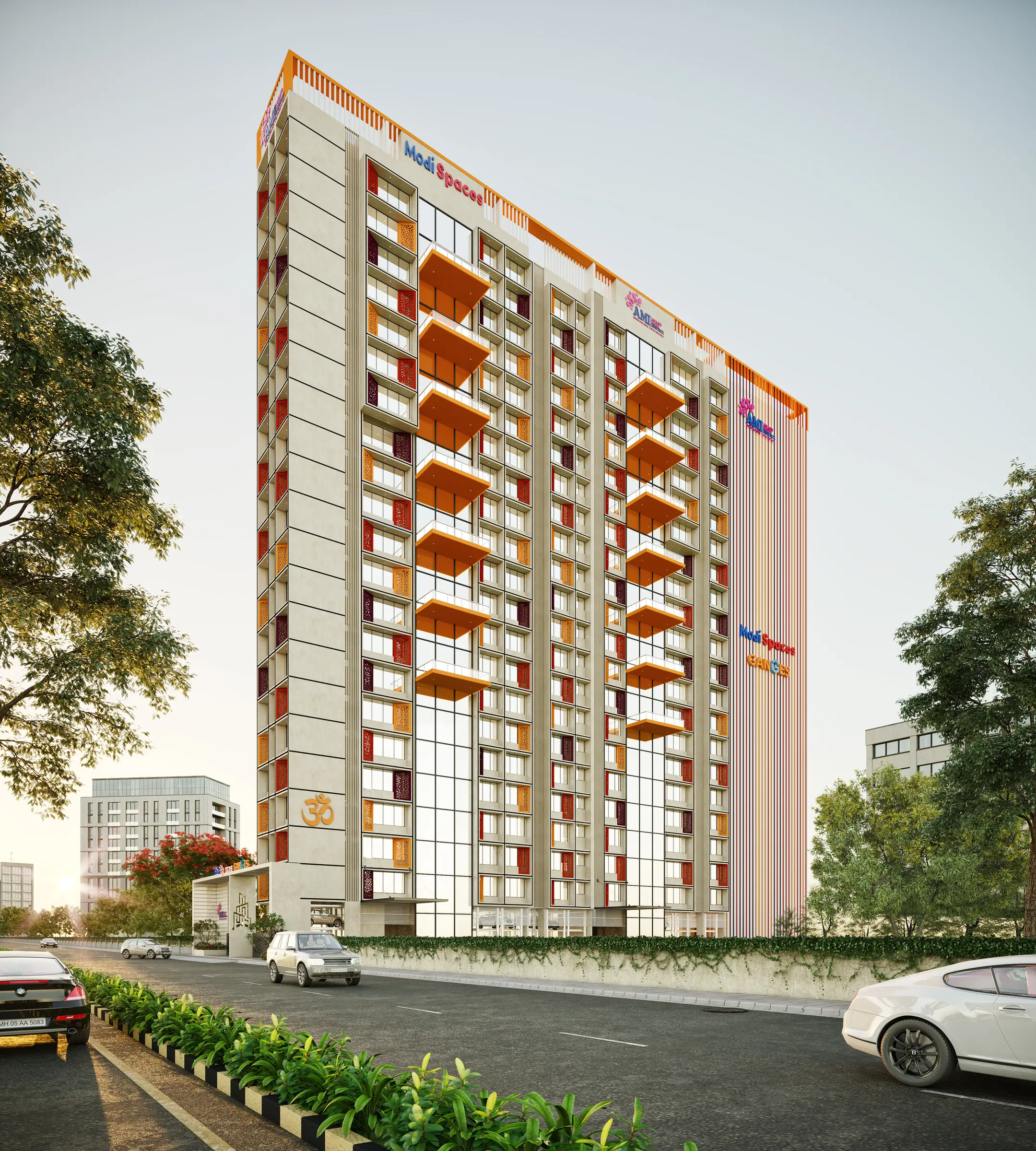 Day-view proposed architectural elevation supplied for AMI ModiSpaces Ganges.