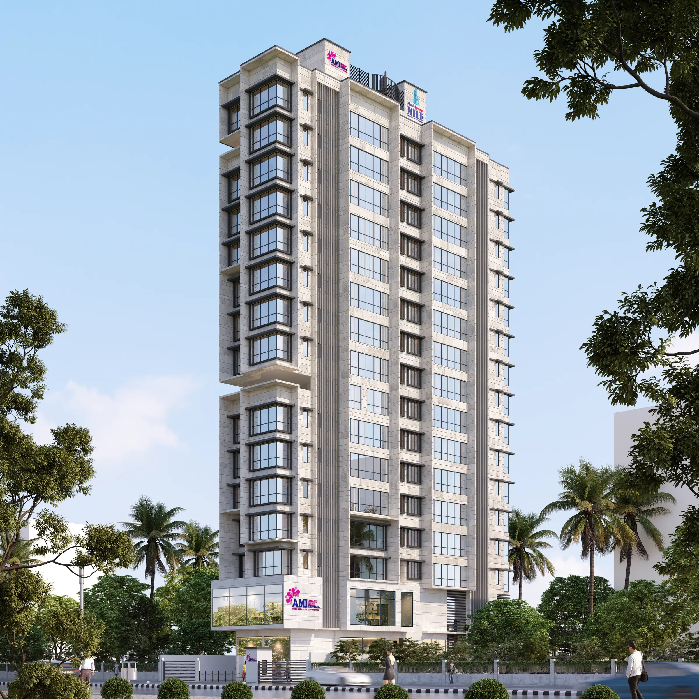 Day-view proposed architectural elevation supplied for AMI ModiSpaces Nile.