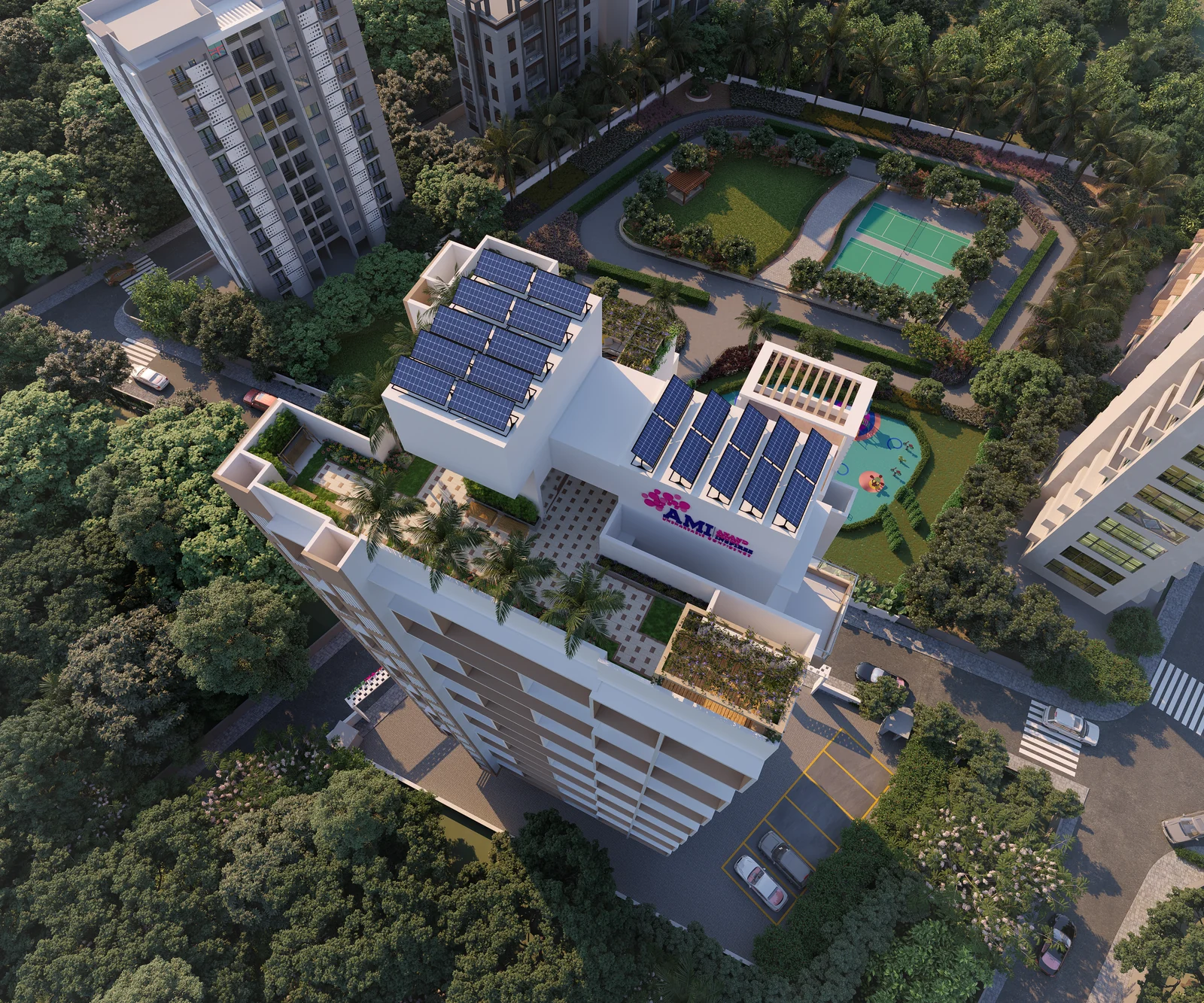 Aerial rooftop and amenity view for AMI ModiSpaces Amizarna.