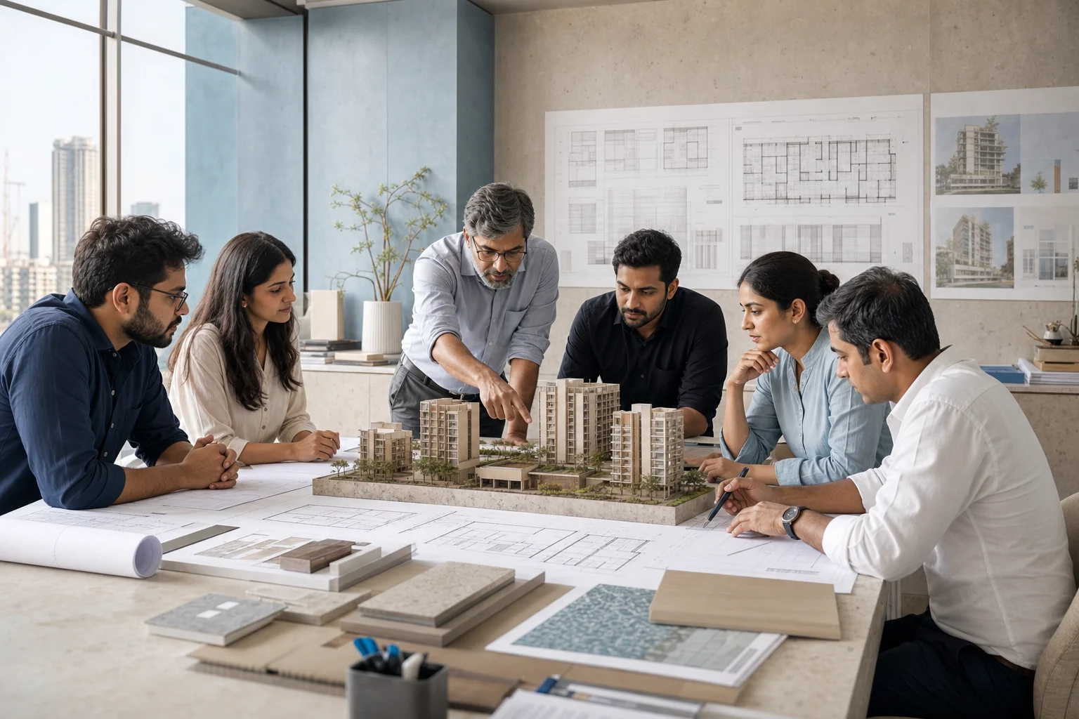 Indian architects and project specialists coordinating drawings, materials and a development model