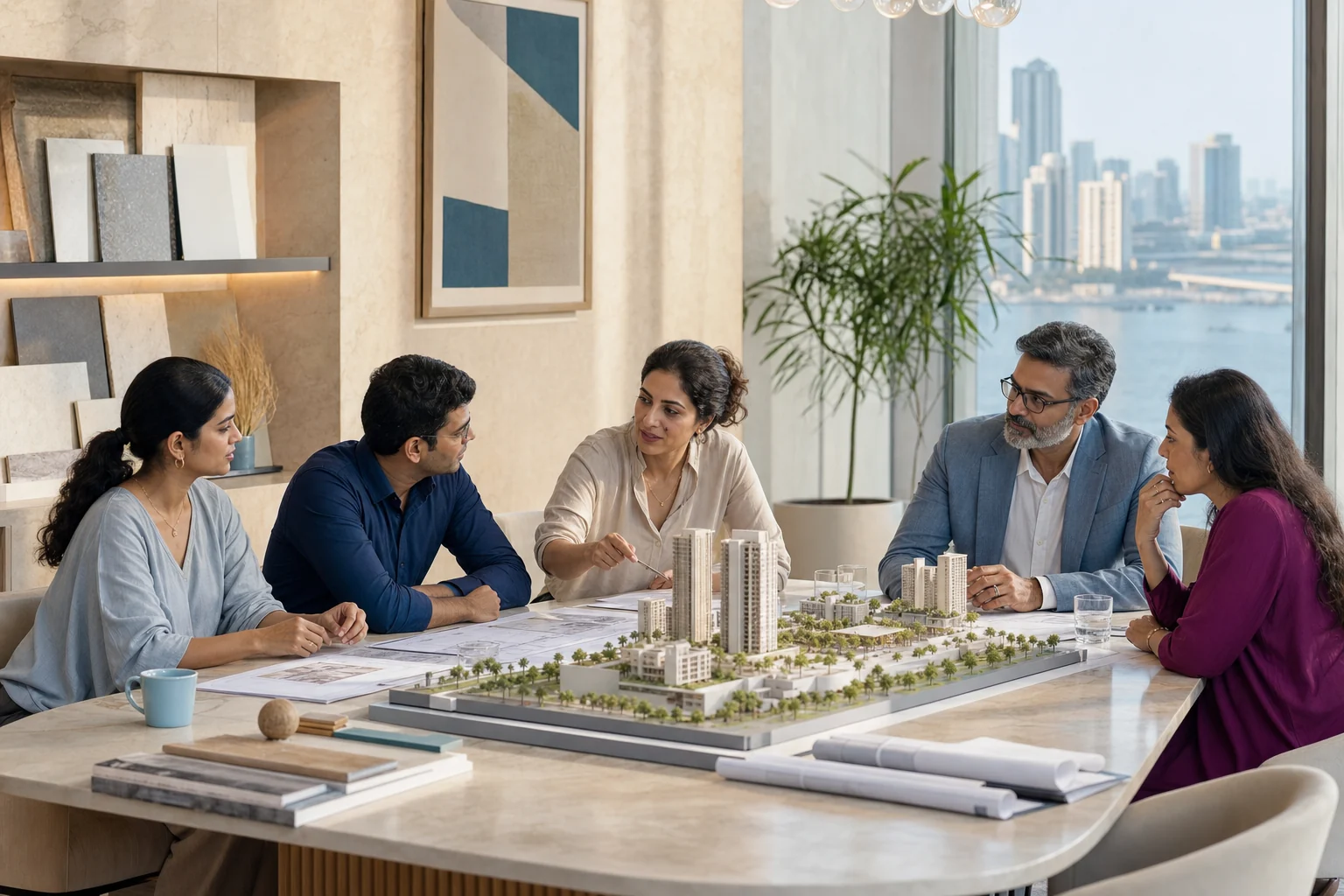 Multidisciplinary professionals reviewing a high-rise residential model and planning material together