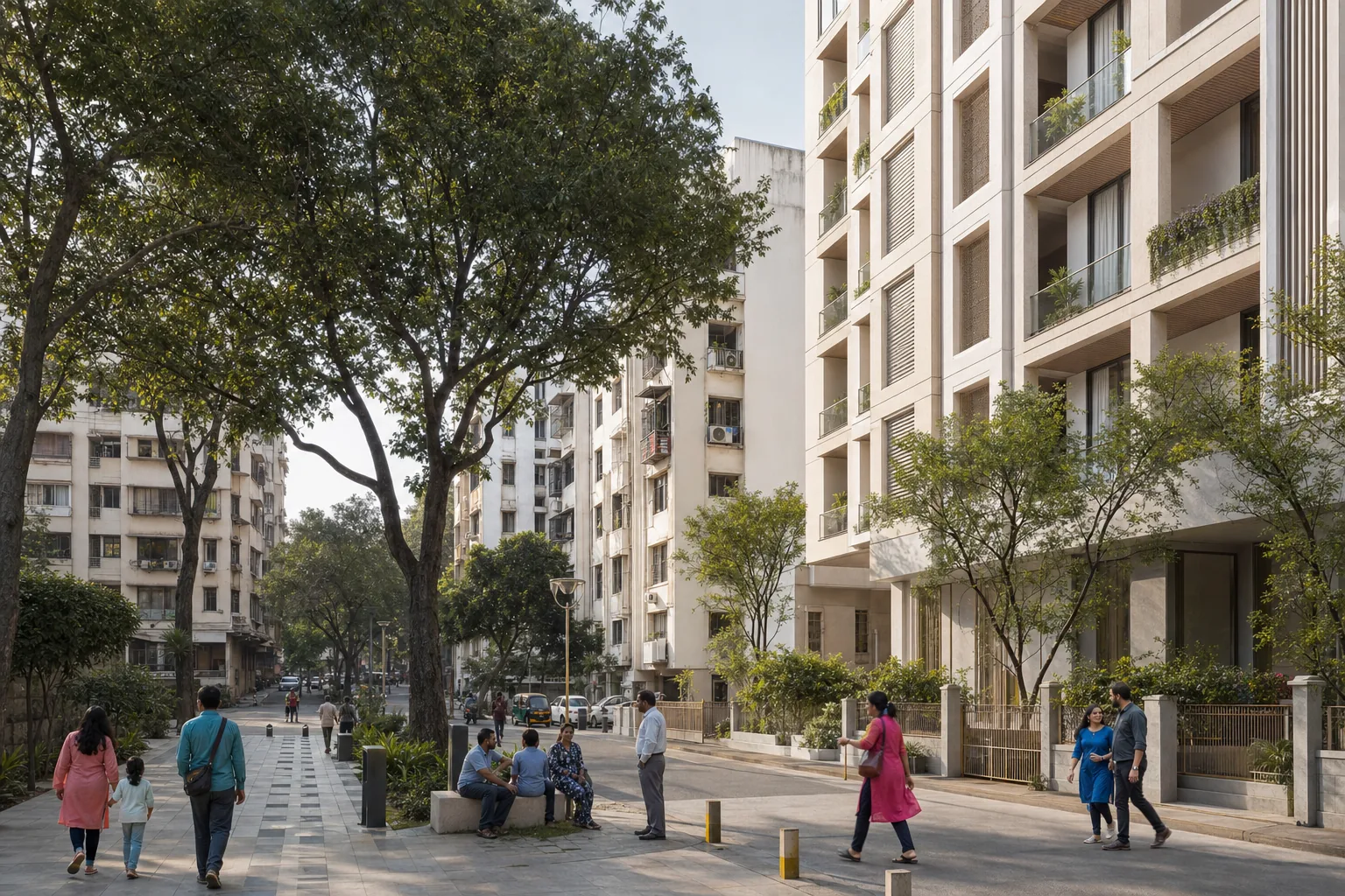 Dense Mumbai society context showing established residential buildings, a taller urban development and daily street life
